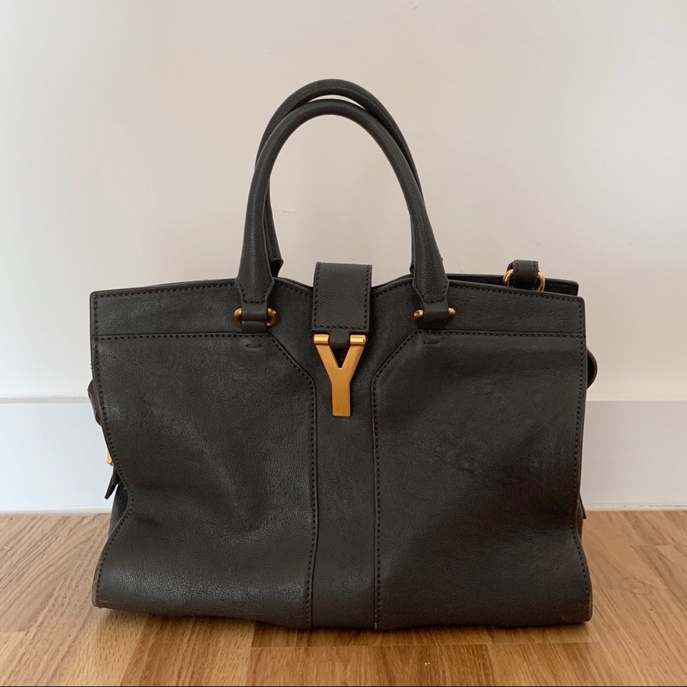 Yves Saint Laurent Grey Leather Tote with Gold Y Hardware